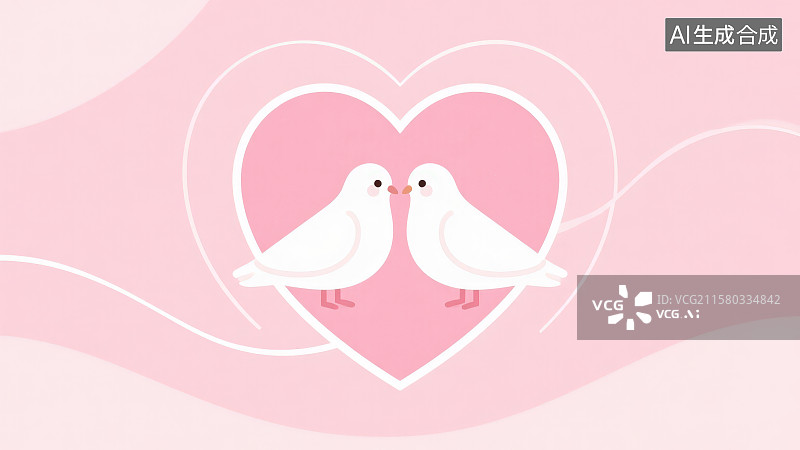 【AI数字艺术】浅粉色心形背景下两只洁白圆润神态亲昵且相对而立的鸽子图片素材