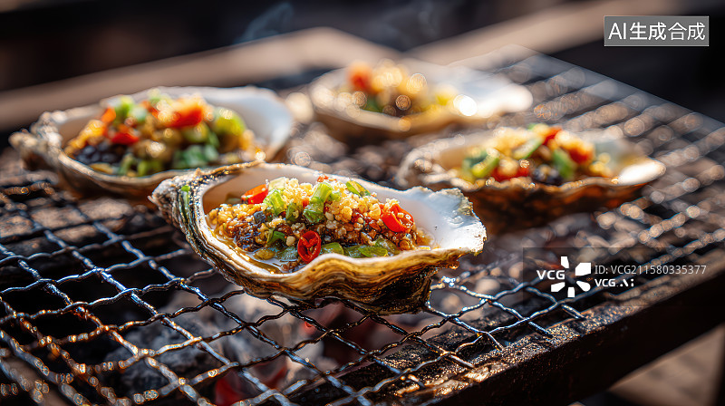 【AI数字艺术】烧烤架上的碳烤生蚝图片素材
