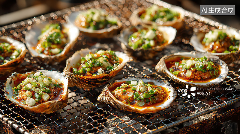 【AI数字艺术】烧烤架上的碳烤生蚝图片素材