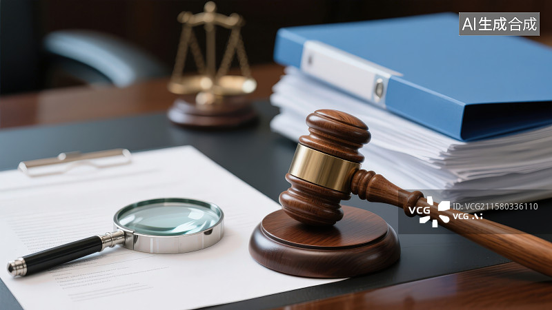 【AI数字艺术】桌面放置的法槌放大镜文件卷宗，严肃专业的法律工作场景图片素材
