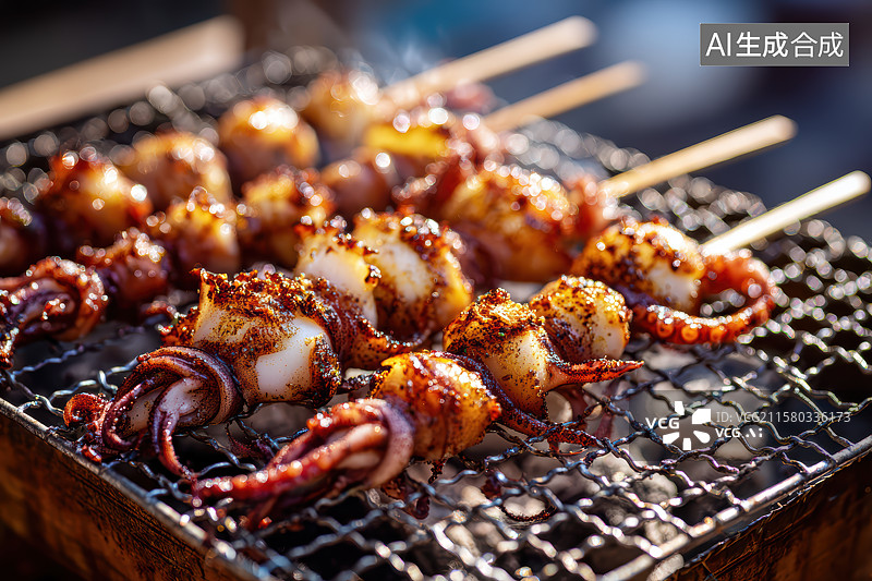 【AI数字艺术】烧烤架上的烤鱿鱼图片素材