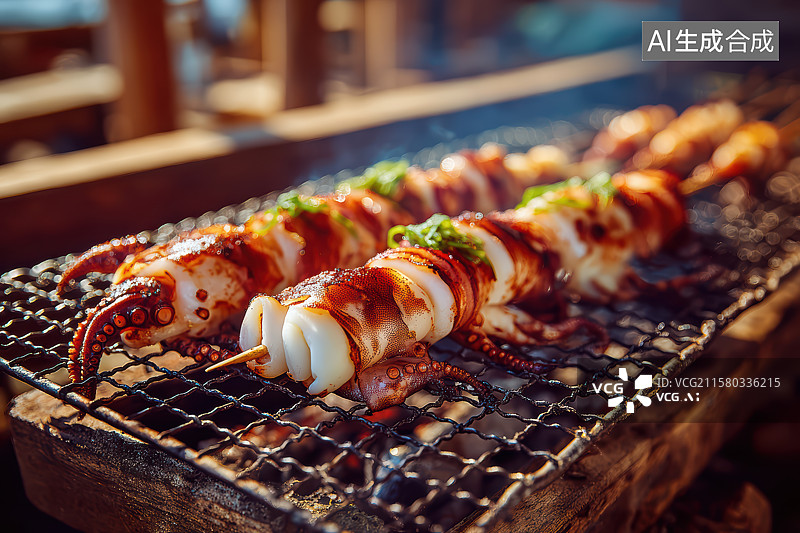 【AI数字艺术】烧烤架上的烤鱿鱼图片素材