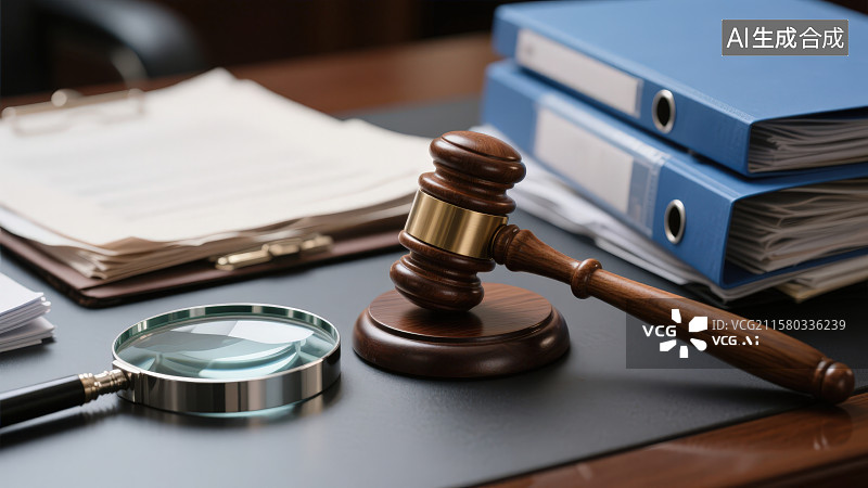 【AI数字艺术】桌面放置的法槌放大镜文件卷宗，严肃专业的法律工作场景图片素材