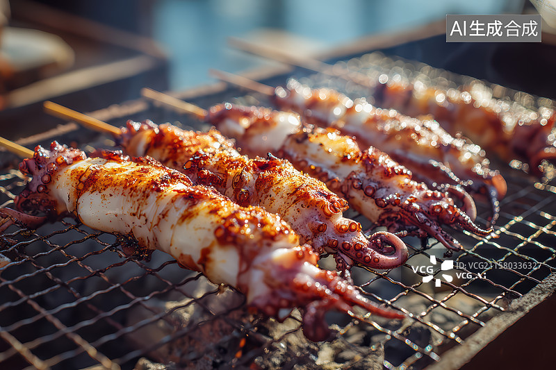 【AI数字艺术】烧烤架上的烤鱿鱼图片素材
