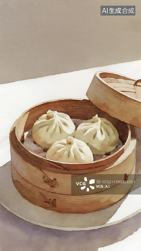 【AI数字艺术】广式早茶早点插画肉包包子图片素材