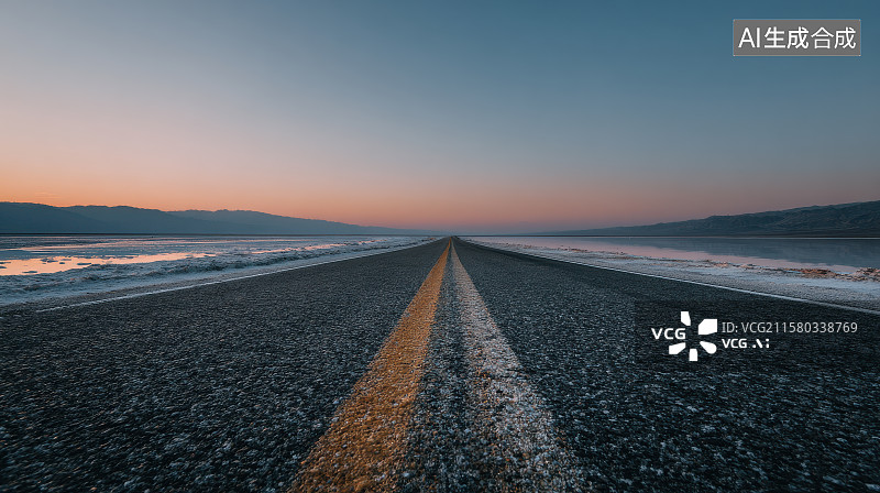 【AI数字艺术】天路循光：盐湖黄昏的公路纵深感图片素材