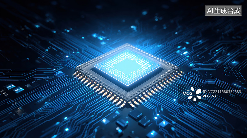 【AI数字艺术】蓝色光芒中的微处理器图片素材