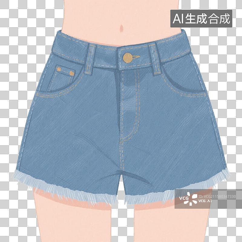 【AI数字艺术】手绘插画，牛仔裤，短裤，夏天衣服，休闲装，免抠元素图片素材