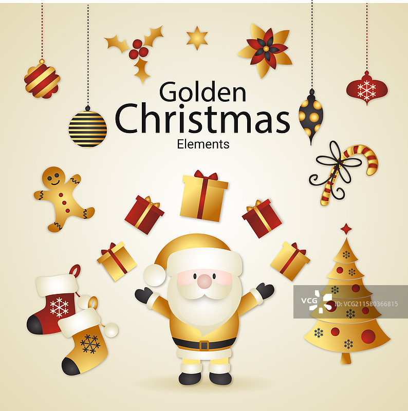 一套金色圣诞老人和圣诞元素图片素材