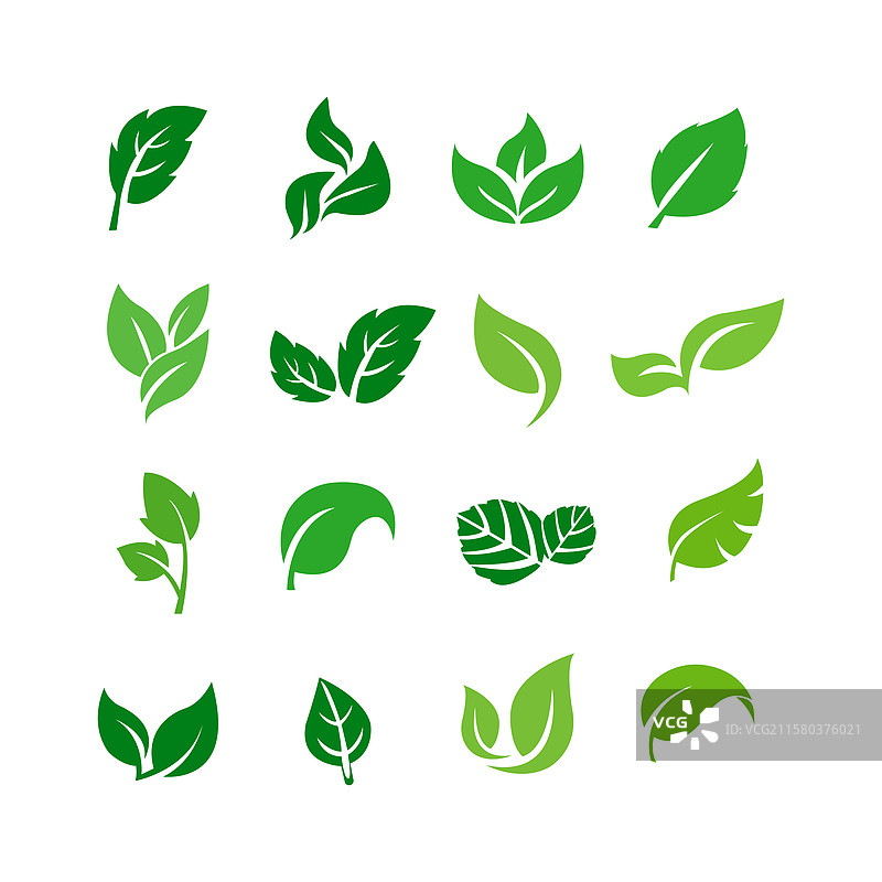 绿色叶子图标集，孤立的叶子图标图片素材