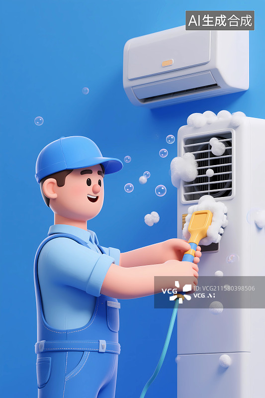 【AI数字艺术】清洗空调的男技师3D卡通插画图片素材