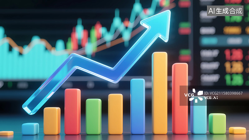 【AI数字艺术】经济增长柱状图和向上箭头金融概念插画图片素材