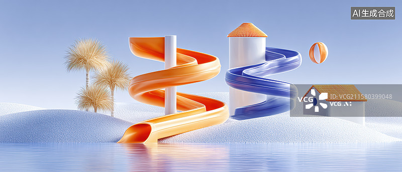 【AI数字艺术】梦幻色彩的螺旋滑梯与小屋图片素材