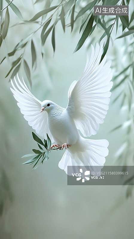 【AI数字艺术】白鸽衔枝飞舞插画图片素材