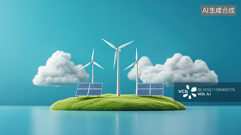 【AI数字艺术】3D蓝色背景下的风力发电机和太阳能电池板新能源发电概念图片素材