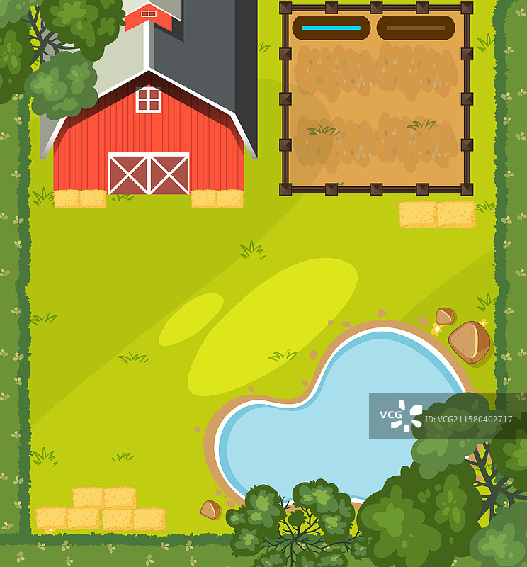 迷人的农场，带有谷仓、池塘和树木图片素材