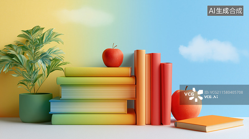 【AI数字艺术】书本与苹果的色彩渐变场景图片素材