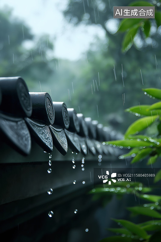 【AI数字艺术】雨滴从屋檐滴落的瞬间图片素材
