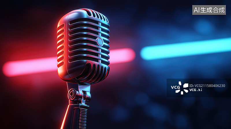 【AI数字艺术】复古麦克风在霓虹灯下的特写图片素材