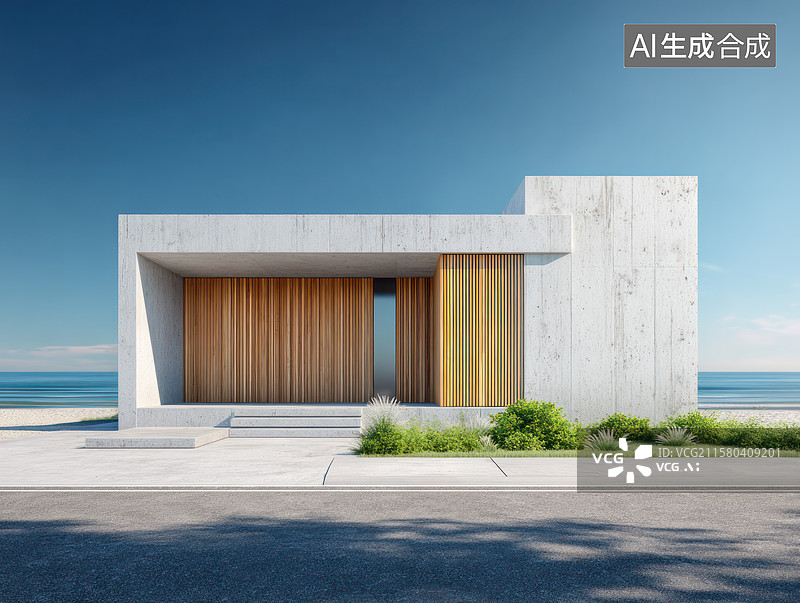 【AI数字艺术】海边现代风格混凝土木质房屋图片素材