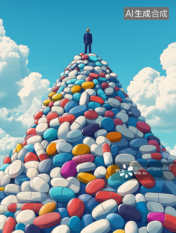 【AI数字艺术】商人站在由大量药片药丸堆积组成的山顶图片素材