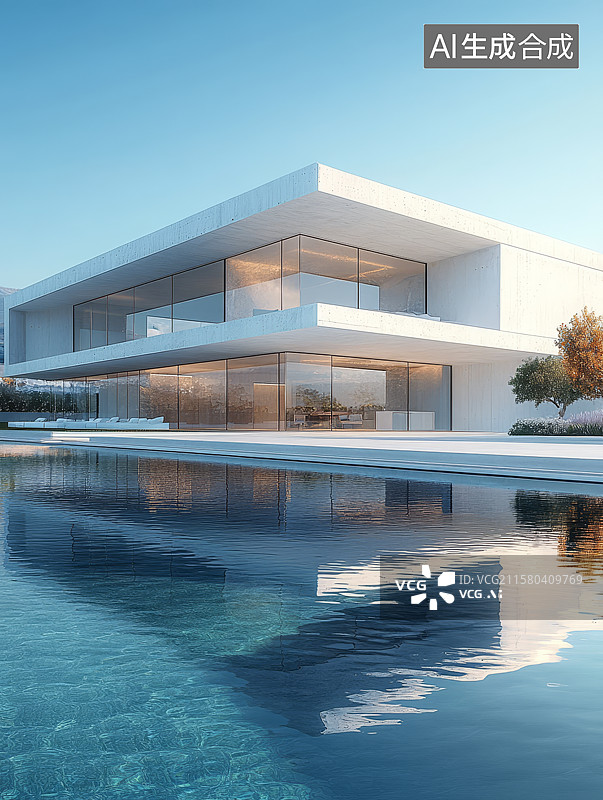 【AI数字艺术】现代白色建筑与水池图片素材