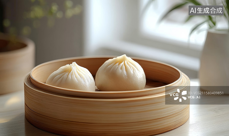 【AI数字艺术】桌面上一笼美味的小笼包，广式早茶图片素材