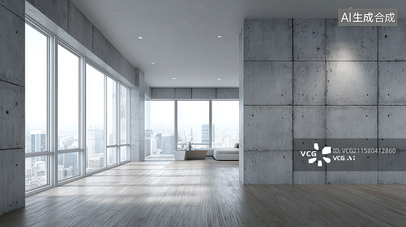 【AI数字艺术】现代简约室内空间，大面积落地窗图片素材