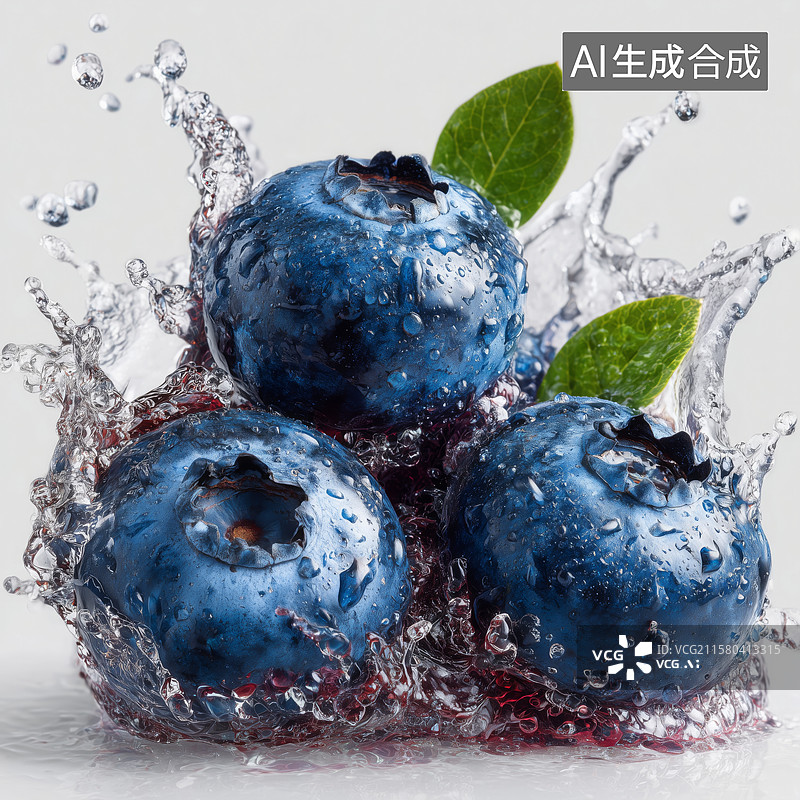 【AI数字艺术】蓝莓水果和飞溅果汁特写图片素材