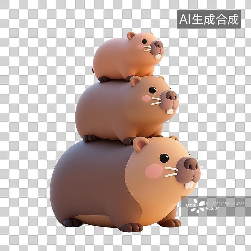 【AI数字艺术】3D渲染可爱的卡通动物，卡皮巴拉，水豚，叠叠乐，免抠元素图片素材