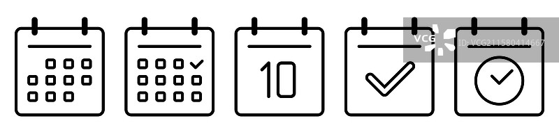 日历线条图标集，平面风格，独立于白色背景图片素材