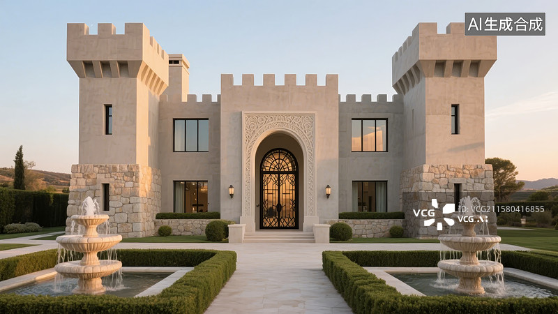 【AI数字艺术】宏伟城堡式建筑与喷泉花园图片素材