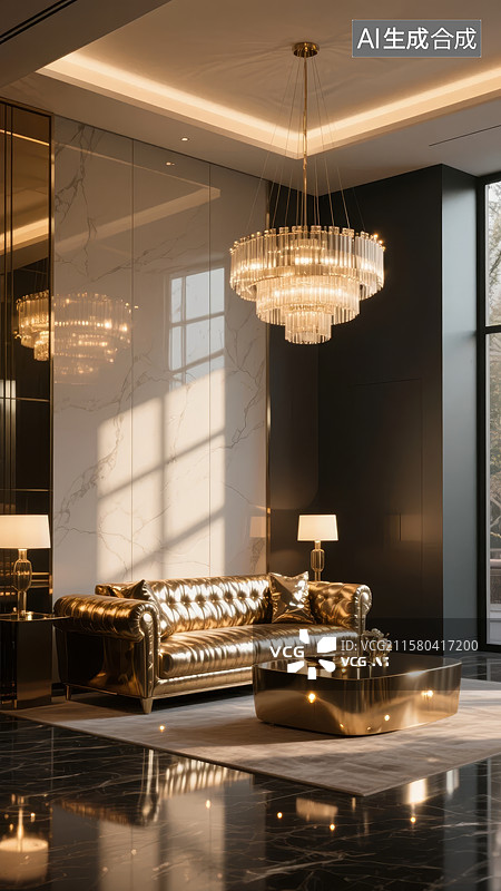 【AI数字艺术】奢华客厅金色沙发与水晶吊灯图片素材