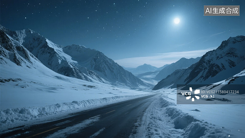 【AI数字艺术】雪夜山间公路图片素材