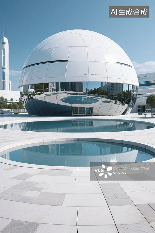 【AI数字艺术】现代建筑球形结构与倒影池图片素材