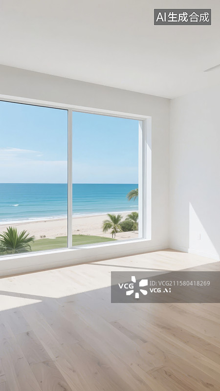 【AI数字艺术】现代室内空间，窗外海滩风光图片素材
