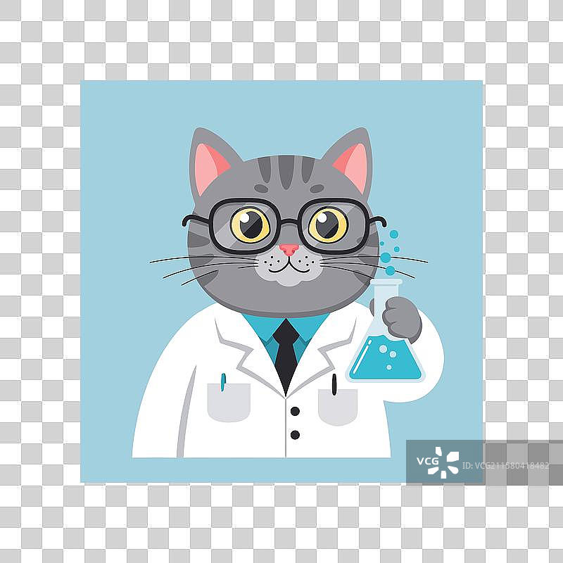 卡通猫在做实验，手里拿着锥形瓶图片素材