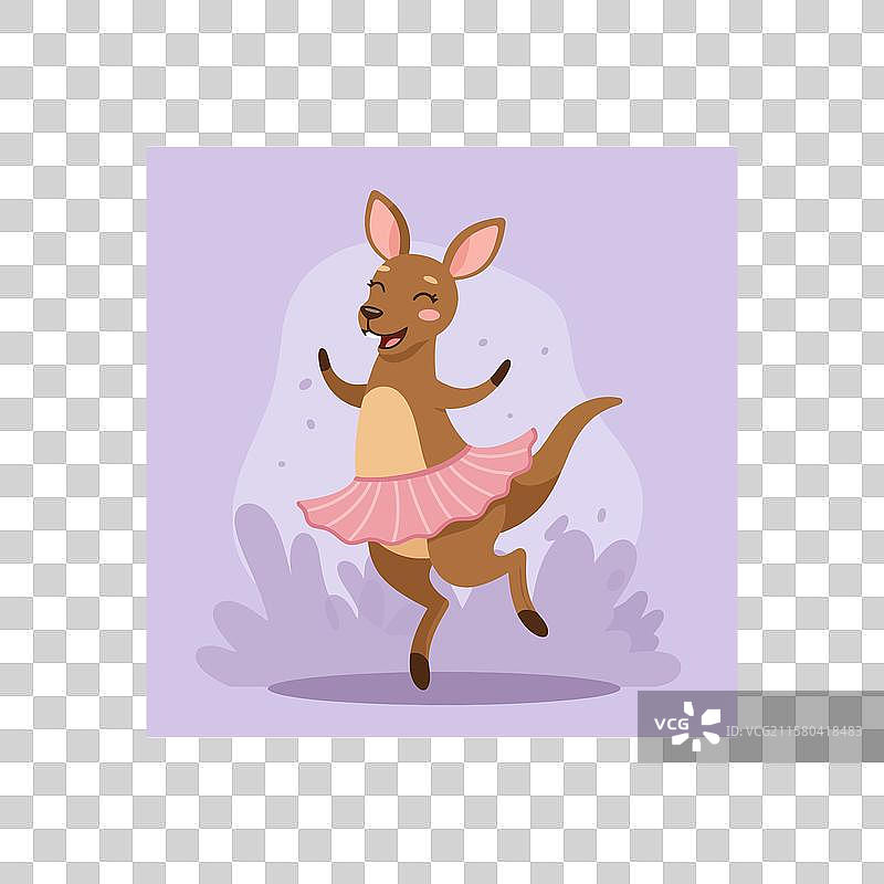 卡通袋鼠穿着芭蕾舞裙在柔和的紫色背景上跳舞图片素材