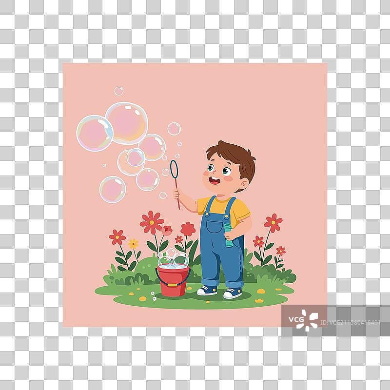 男孩在花园里用泡泡棒和肥皂吹泡泡图片素材