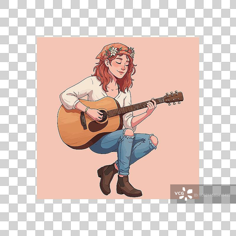 年轻女性手持花朵弹奏木吉他图片素材