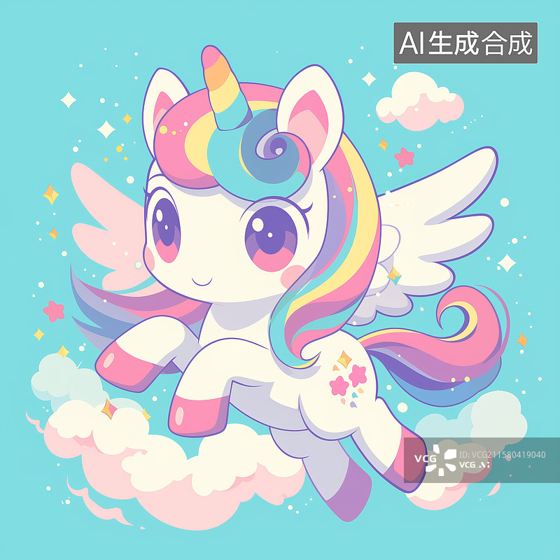 【AI数字艺术】彩虹独角兽在云端飞翔图片素材