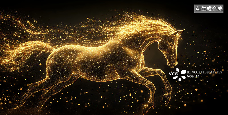 【AI数字艺术】金色粒子构成的奔腾骏马图片素材