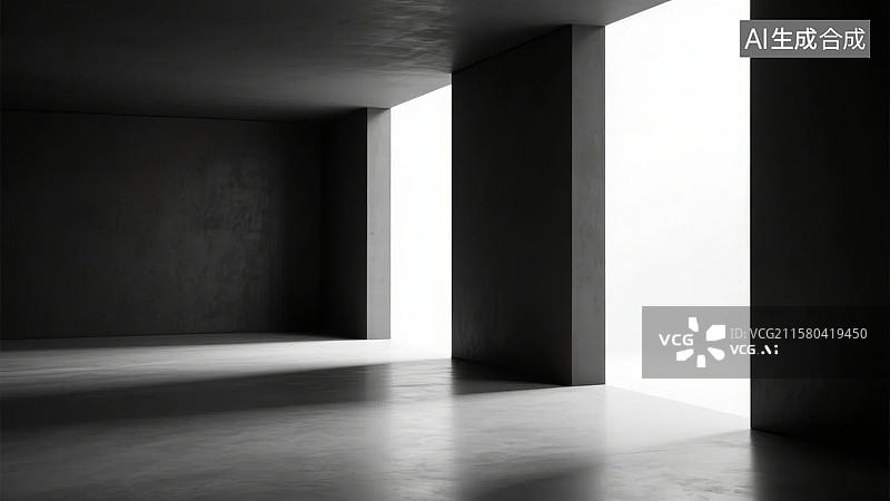 【AI数字艺术】空旷的混凝土房间，光线透过门缝图片素材