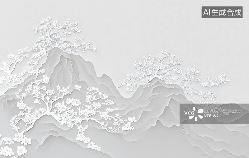 【AI数字艺术】3d新中式国风纸雕场景，浮雕国风山水图片素材