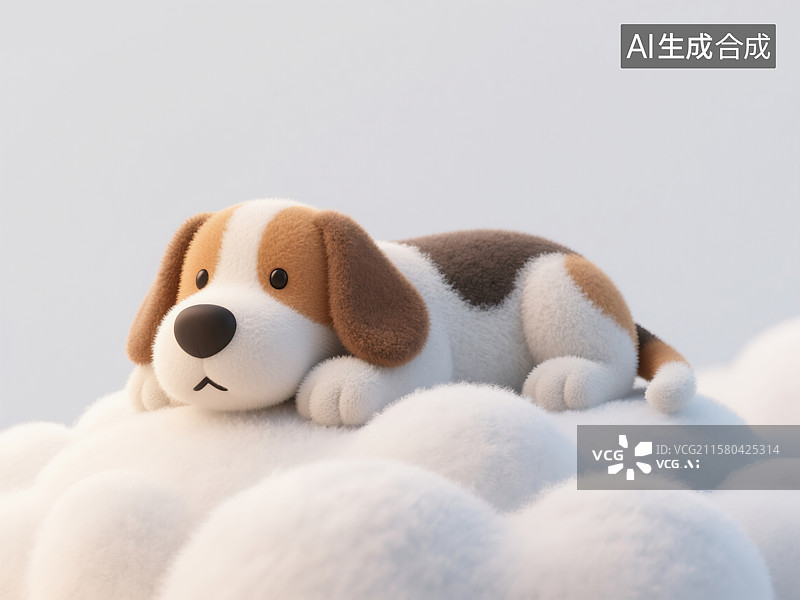 【AI数字艺术】狗年可爱小狗趴在云上小憩世界睡眠日创意3D插画毛毡动物生日贺卡设计绘本图书封面金融科技抽象商业背景图片素材