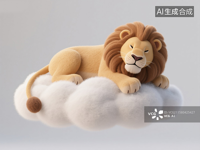 【AI数字艺术】绘本可爱狮子王趴在云上小憩世界睡眠日创意3D插画毛毡动物生日贺卡设计绘本图书封面金融科技抽象商业背景图片素材