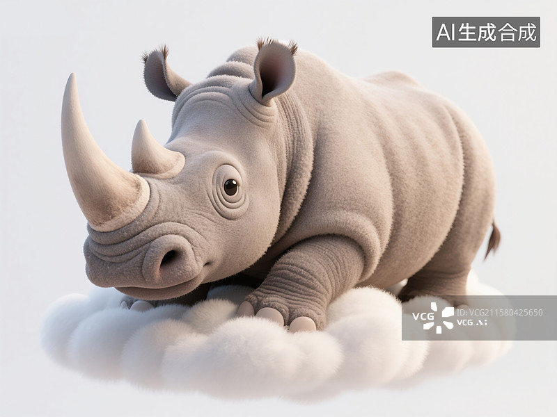 【AI数字艺术】牛年可爱犀牛趴在云上小憩世界睡眠日创意3D插画毛毡动物生日贺卡设计绘本图书封面金融科技抽象商业背景图片素材