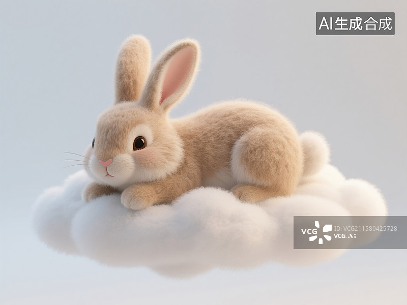 【AI数字艺术】兔年可爱小白兔趴在云上小憩世界睡眠日创意3D插画毛毡动物生日贺卡设计绘本图书封面金融科技抽象商业背景图片素材