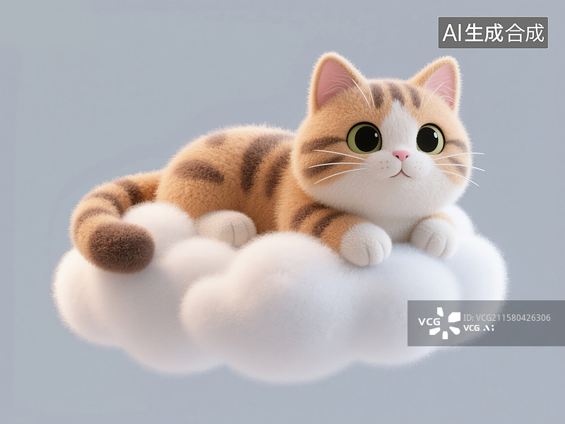 【AI数字艺术】宠物可爱小猫咪趴在云上小憩世界睡眠日创意3D插画毛毡动物生日贺卡设计绘本图书封面金融科技抽象商业背景图片素材