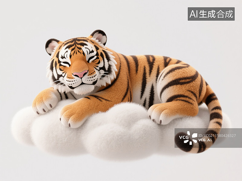 【AI数字艺术】绘本可爱老虎趴在云上小憩世界睡眠日创意3D插画毛毡动物生日贺卡设计绘本图书封面金融科技抽象商业背景图片素材